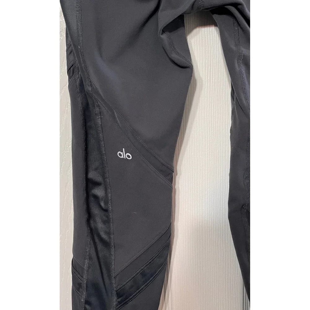 Alo Yoga Moto Leggings Anthracite Grey High Waist Mesh‎ Glossy Panels Womens Med